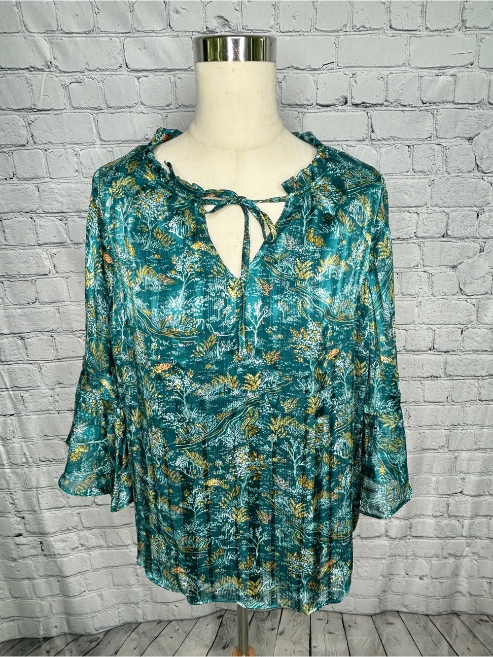 Teal Floral Tie-Neck Women’s Blouse